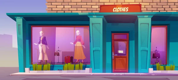 Clothes Store Facade Apparel Shop Exterior Mannequins Wear Female Garment — Stock Vector