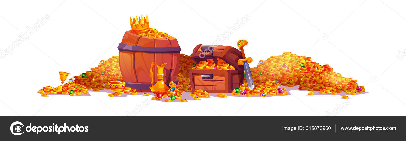 海盗箱木桶加王冠和硬币Filibusters抢劫水晶宝石宝剑成堆黄金高脚杯宝石孤立的游戏资产卡通矢量插图图库矢量图©klyaksun 615870960