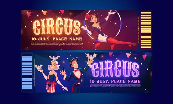 Zirkuskarten Cartoon Einladungsgutscheine Für Zaubershows Große Zeltkünstler Luftturner Und Zauberer — Stockvektor
