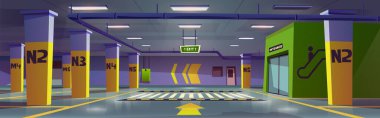 Yürüyen merdivenli yer altı otoparkı, boş yerler, zebra ve istikamet artışı. Sütunları ve kılavuz sarı okları olan bodrum katında taşınmak için boş alan, Çizgi film vektör çizimi