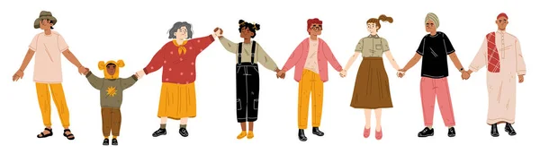 Щасливі Люди Тримають Руки Ізольовані Білому Тлі Багатоетнічна Жінка Чоловіки — стоковий вектор