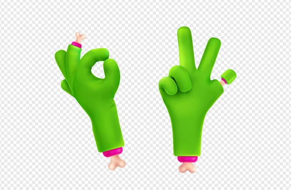 Zombie Hand Showing Victory Gestures Vector Illustration Set Green Monster — Stock Vector
