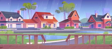Banliyöde evleri, yolları ve yağmurda ahşap terası olan bir yer. Yazlık kır evleri, yeşil çimenler, ağaçlar ve yağmurlu havada çitleri ve merdivenleri olan verandalı köy manzarası, vektör karikatür çizimi