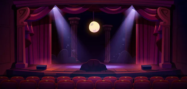 Theater Stage Red Curtains Spotlights Moon Theatre Interior Empty Wooden — Archivo Imágenes Vectoriales