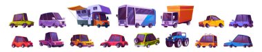 Çizgi film seti, modern otomobiller, otobüs, canavar kamyon, kamyon, tekerlekli kafe, buzdolabı taşıma modları. Sedan veya hatchback taksi ile izole edilmiş otomatik araçlar Çizgi film vektör çizimi