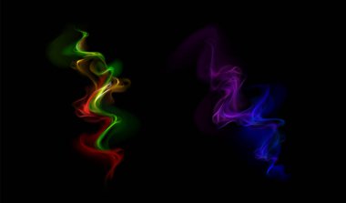 Neon ateş dumanı, sihirli girdap efekti mor, mavi, kırmızı, yeşil renkler. Twirls veya sihirli izler, izole edilmiş parlak sihirbaz, sihirbaz veya peri ışığı grafik unsurları, gerçekçi 3d vektör illüstrasyonu
