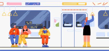 Metroda mutlu insanlar, düz vektör çizimi. Oturan, konuşan, kitap okuyan, şehir metrosunda duran yolcuları. Pencerede gece manzarası var. Toplu taşıma hizmetleri