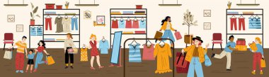 Alışveriş torbaları ve sepetleri olan mutlu alıcıların olduğu bir moda mağazası. Butik ya da mağaza, raflarda ve askılarda giysiler, çeşitli insanlar alışverişler, vektör el çizimleri.
