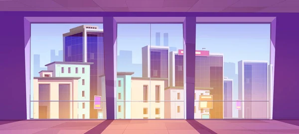 Geniş Panoramik Pencereli Boş Bir Ofis Camdan Görünen Şehir Manzaralı — Stok Vektör