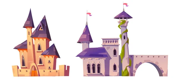 Set Castelli Fantasy Dei Cartoni Animati Isolati Sfondo Bianco Illustrazione — Vettoriale Stock