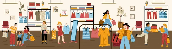 Loja Moda Com Compradores Felizes Com Sacos Compras Cestas Boutique — Vetor de Stock