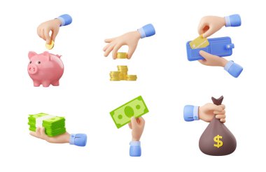 El ve para 3D illüstrasyon simgeleri ayarlandı. Piggybank 'e para koyan, birikim yapan, cüzdanından kredi kartı alan, kağıt para tutan, bir çuval dolusu dolar işareti tutan biri. Finansal hizmetler, yatırım