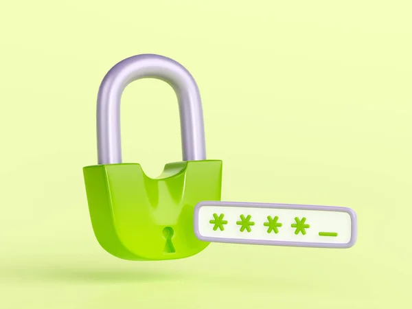 優れたパスワード3Dレンダリング データプライバシーの概念 コンピュータや携帯電話の安全な保護 安全なアカウントへのアクセス 緑の南京錠と漫画のプラスチックスタイルでログインスターイラストと検証システム — ストック写真