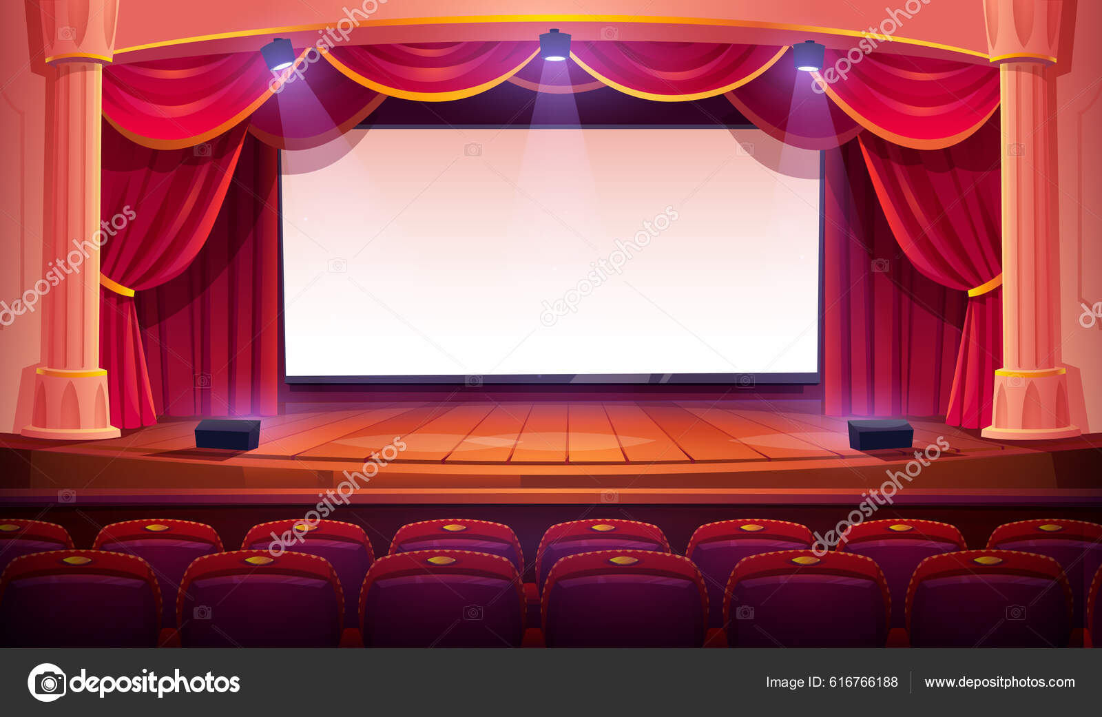 Cine Con Pantalla Blanca Escenario Madera Cortinas Rojas Focos Columnas