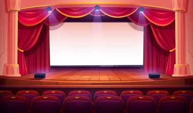 Beyaz perdeli sinema, ahşap sahne, kırmızı perdeler, spot ışıkları, sütunlar ve oditoryum sandalyeleri. Boş sinema ekranı, koltukları, vektör karikatür resimleriyle dolu boş bir tiyatro.