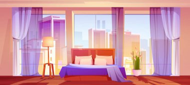 Şehir manzaralı yatak odası, ev ya da otel içi çift kişilik yatak odası geniş tabandan tavana pencerenin önünde duruyor. Modern mobilya ve zemin lambası olan oda, takım elbise, daire, çizgi film vektör çizimi