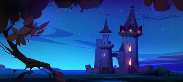 Castelo Conto Fadas Sob Céu Estrelado Noite Desenhos Animados Ilustração — Vetor de Stock