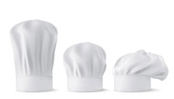 シェフの帽子 コックキャップ ベーカートーク現実的なモックアップ 白いレストランの制服のヘッドウェア プロの中小とキッチンスタッフの背の高いフランススタイルの服 3Dベクトルイラスト — ストックベクタ