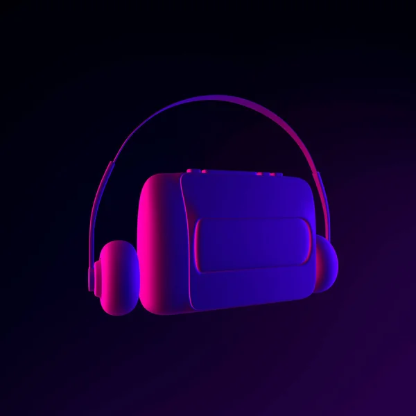 Neon Vintage Audio Kazetta Lejátszó Ikon Rendering Interfész Elem Sötét — Stock Fotó