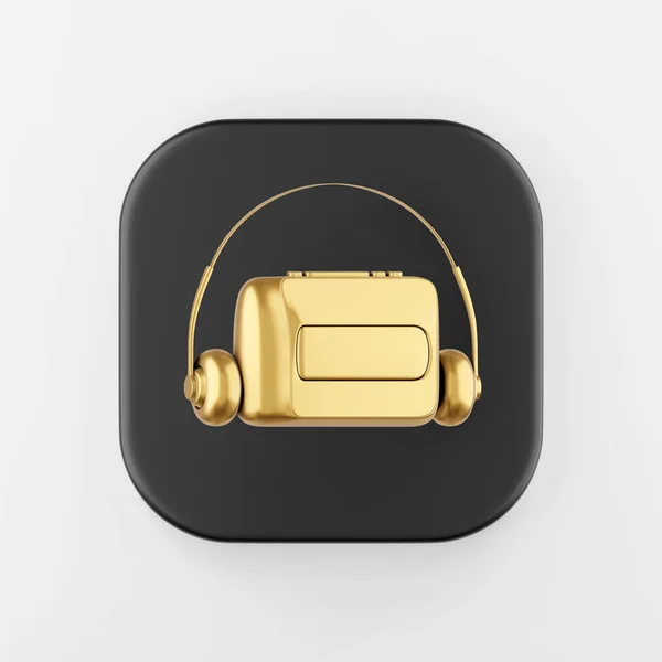 金色老式盒式磁带播放机图标 3D渲染黑色方键 接口Uux元素 — 图库照片
