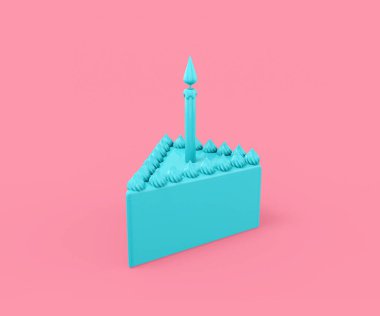 Üzerinde pembe bir mum bulunan mavi üçgen pasta dilimi. Minimalist tasarım nesnesi. 3d oluşturma