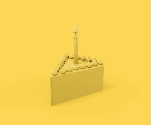 Yellow Triangular Piece Cake Festive Candle Yellow Background Minimalistic Design — 图库照片