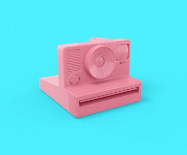 Mavi arka planda anlık fotoğraflar için pembe vintage kamera. Minimalist tasarım nesnesi. 3d görüntüleme simgesi ui ux arayüz ögesi.