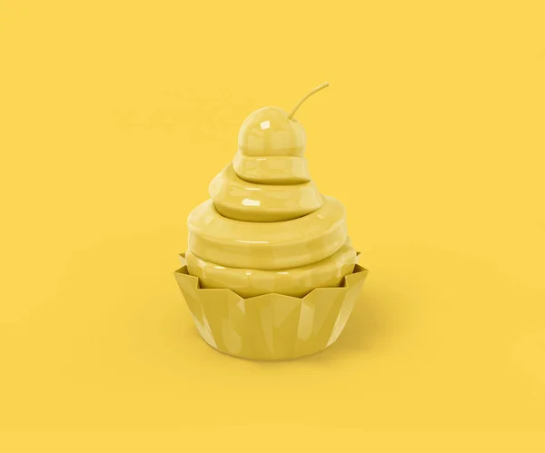 노란색 배경에 체리가 노란색 케이크 미니멀리즘적 디자인 렌더링 아이콘 Interface — 스톡 사진