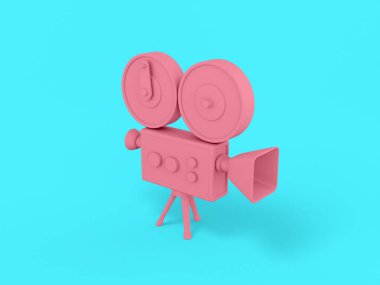 Mavi bir arka planda pembe mono renkli retro video kamera. Minimalist tasarım nesnesi. 3d görüntüleme simgesi ui ux arayüz ögesi