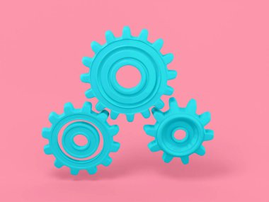 Pembe düz zemin üzerinde mavi bir vites. Minimalist tasarım nesnesi. 3d görüntüleme simgesi ui ux arayüz ögesi.