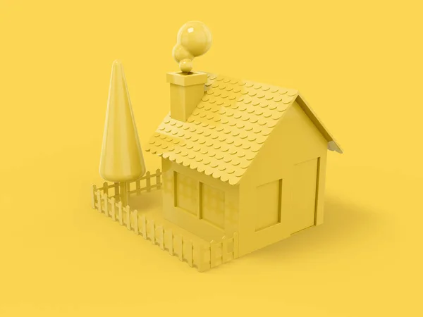 黄色の単色の家 農村風景 フェンス 黄色のモノクロームの背景に庭 最小限のデザインオブジェクト 3Dレンダリングアイコン Uxインターフェイス要素 — ストック写真