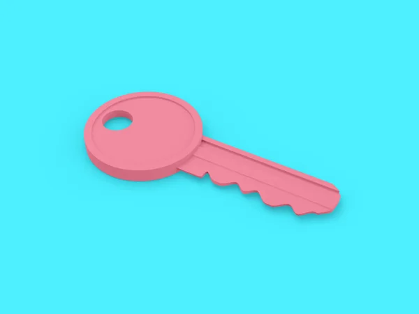 Pink single color key on a surface on a blue monochrome background. Minimalistic design object. 3d rendering icon ui ux interface element