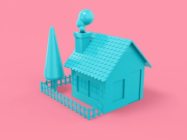 Mavi bir ev, kırsal alan, çit, ağaç, pembe düz arkaplan bahçesi. Minimalist tasarım nesnesi. 3d görüntüleme simgesi ui ux arayüz ögesi