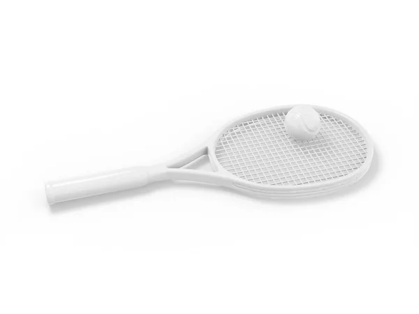 白いモノクロームの背景にボールを持つ白い単色のテニスラケット 最小限のデザインオブジェクト 3Dレンダリングアイコン Uxインターフェイス要素 — ストック写真