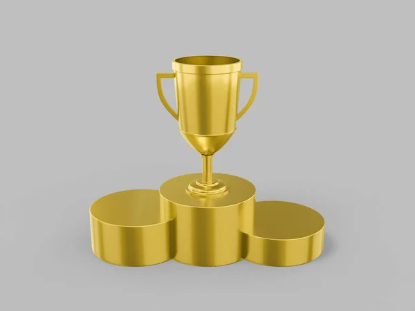 灰色の単色の背景に台座の上に金の単色のカップの勝者 最小限のデザインオブジェクト 3Dレンダリングアイコン Uxインターフェイス要素 — ストック写真