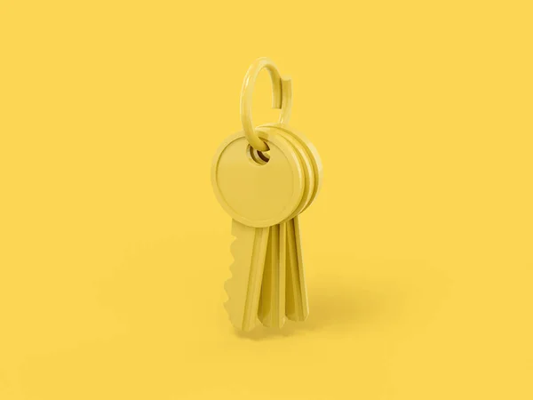 黄色のフラット背景にキーの黄色の1色の束 最小限のデザインオブジェクト 3Dレンダリングアイコン Uxインターフェイス要素 — ストック写真