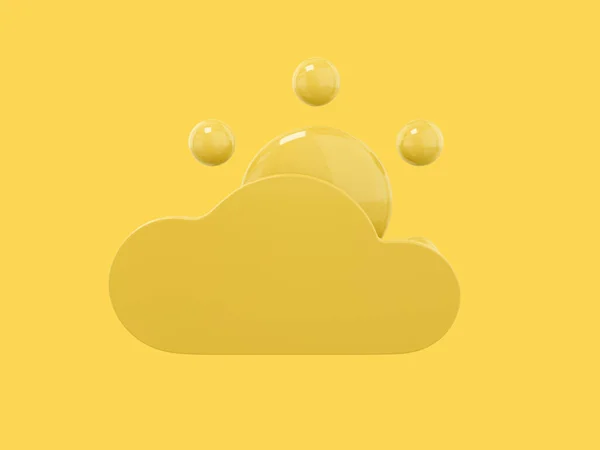 黄色のモノクロームの背景に雲のフロントビューの後ろに黄色の単色漫画の太陽 最小限のデザインオブジェクト 3Dレンダリングアイコン Uxインターフェイス要素 — ストック写真
