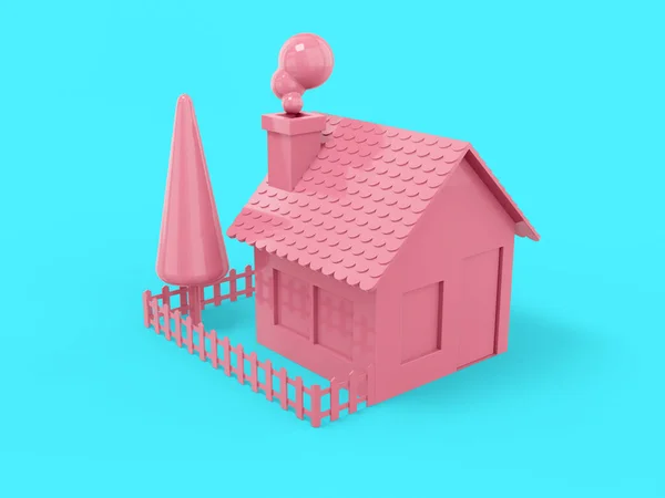 ピンクの単色の家 農村風景 フェンス 青い固体の背景に庭 最小限のデザインオブジェクト 3Dレンダリングアイコン Uxインターフェイス要素 — ストック写真