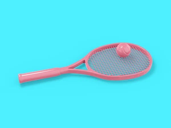 Pink single color tennis racket with a ball on a blue monochrome background. Minimalistic design object. 3d rendering icon ui ux interface element