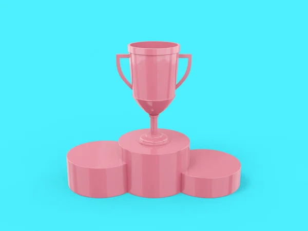 Pink mono color winner cup on a pedestal on a blue solid background. Minimalistic design object. 3d rendering icon ui ux interface element