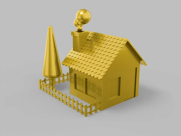 灰色のモノクロームの背景に黄金の単色の家 農村風景 フェンス 最小限のデザインオブジェクト 3Dレンダリングアイコン Uxインターフェイス要素 — ストック写真