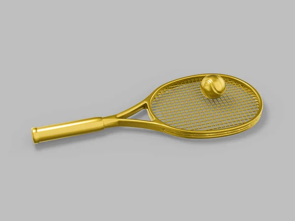 Goldener Einfarbiger Tennisschläger Mit Ball Auf Grauem Flachen Hintergrund Minimalistisches — Stockfoto