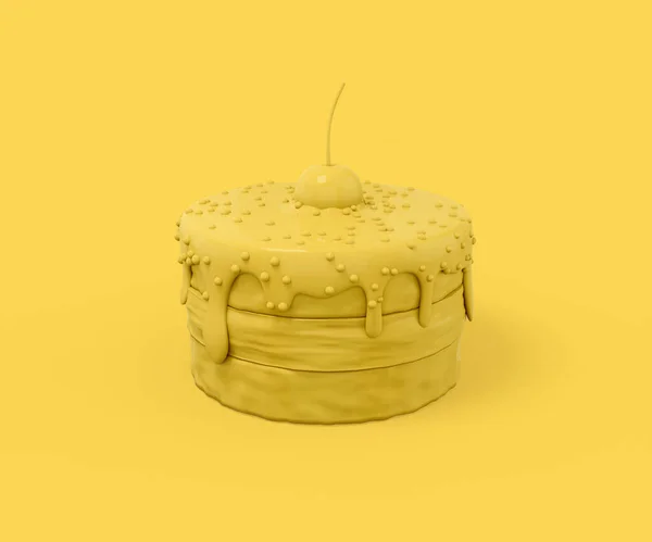 Pequeno Bolo Amarelo Com Uma Cereja Cima Fundo Amarelo Objeto — Fotografia de Stock