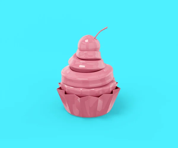 Pink Cake Cream Cherry Top Blue Background Minimalistic Design Object — Stock Photo, Image