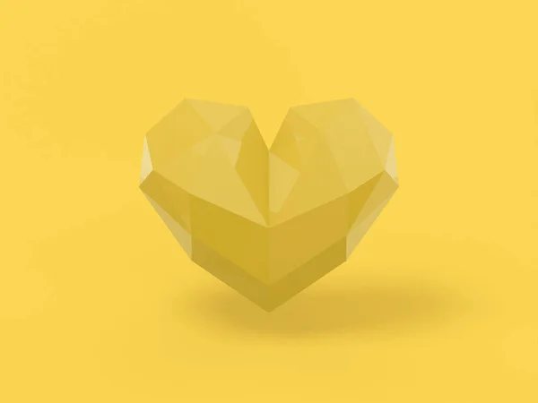 低聚黄单色心脏在黄色平面背景上 最小的设计对象 3D渲染图标Ui Ux接口元素 — 图库照片