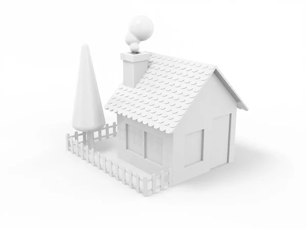 白色单色房子 乡村风景 花园白色坚实的背景 最小的设计对象 3D渲染图标Ui Ux接口元素 — 图库照片