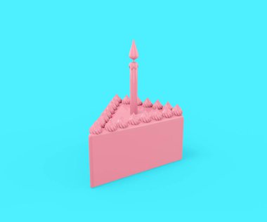 Açık mavi arka planda şenlik mumu olan pembe üçgen bir kek. Minimalist tasarım nesnesi. 3d oluşturma