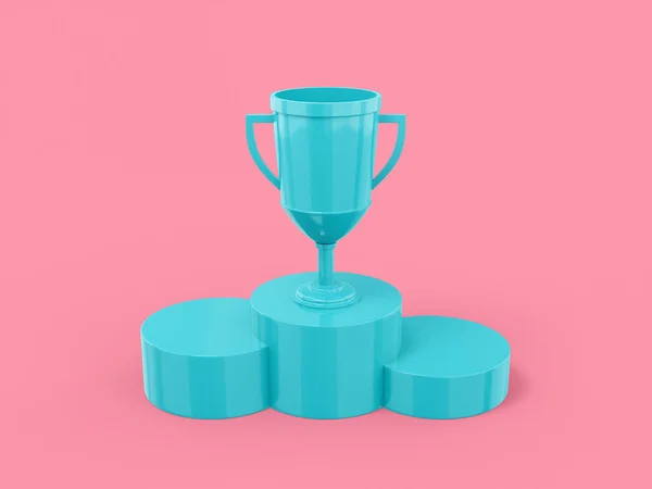 ピンクのフラット背景に台座の上に青の1色の勝者カップ 最小限のデザインオブジェクト 3Dレンダリングアイコン Uxインターフェイス要素 — ストック写真