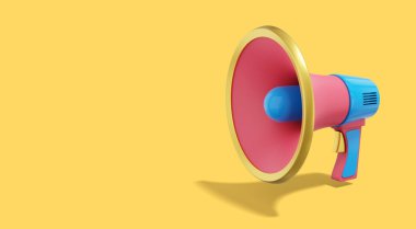 Sarı arkaplanda çok renkli megafon ve metin için yer var. Ses yükseltme cihazı. 3d oluşturma