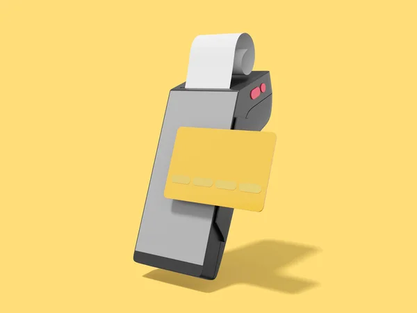 灰色黑色加勒比终端与信用卡和检查 现代无现金支付机 Nfc支付装置 黄色背景上的3D渲染 — 图库照片